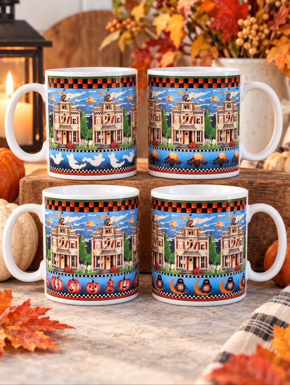 Vintage Debbie Mumm Sakura Haunted House Halloween Mugs 2000 Set of 4